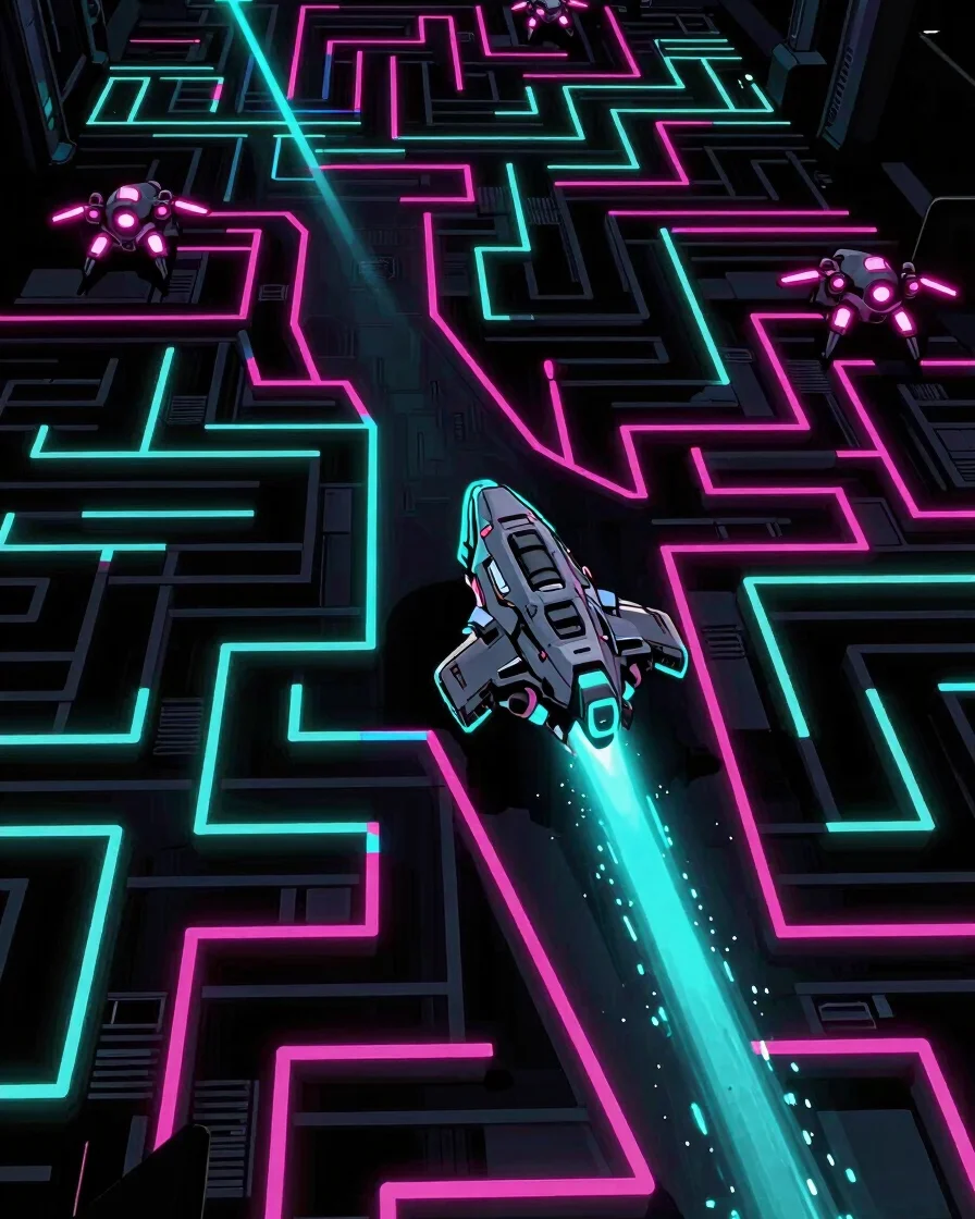 Cinematic widescreen cel-shaded sci-fi game scene, a single space