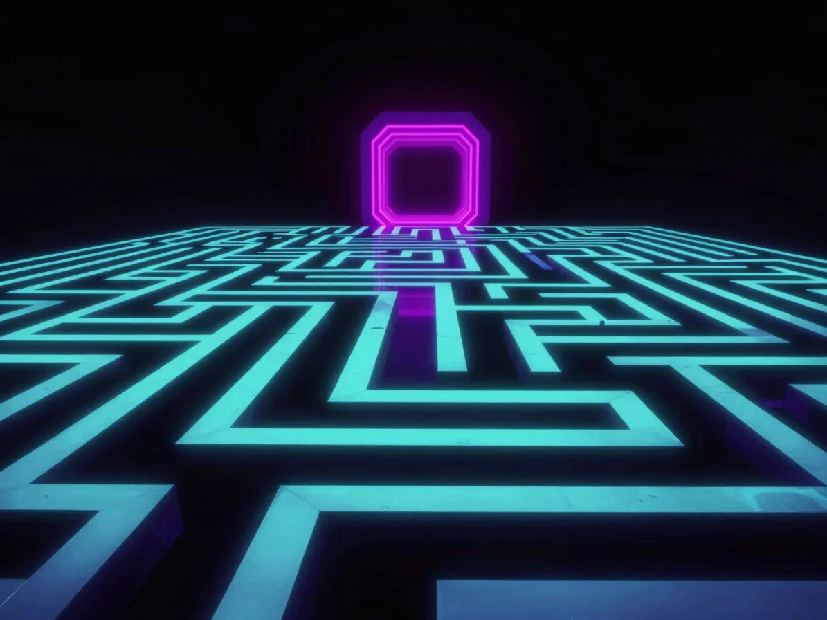 Cel-shaded sci-fi maze sector, angular neon corridors shifting in