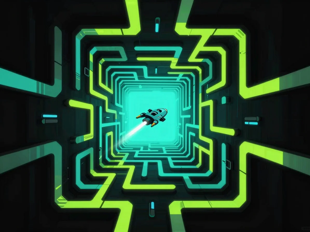 Cel-shaded sci-fi escape portal glowing lime and cyan at the end